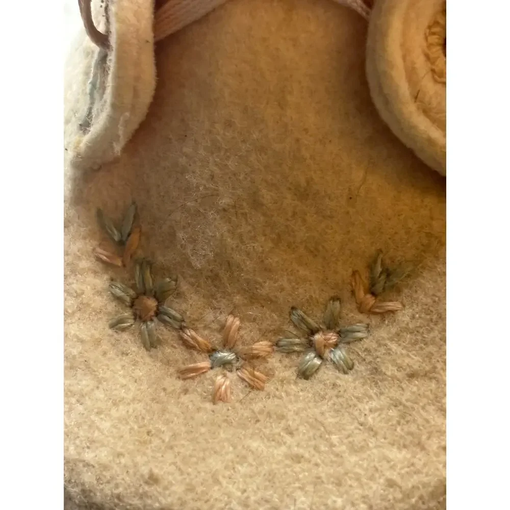 Early Pair Childs Baby Shoes Pink Wool Felt Cottagecore Retro Embroidered Decor